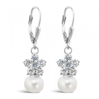 Sterling Silver Earring 8Mm White Fresh Water Pearl Cubic Zirconia Flower T