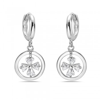 Sterling Silver Earring with Dangle Flower with Clear Cubic Zirconia with A