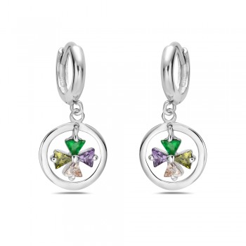 Sterling Silver Earring with Dangle Flower with Multicolor Cubic Zirconia with