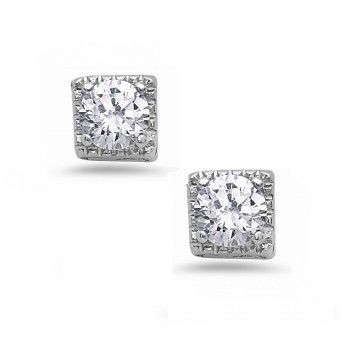 Sterling Silver Earring Square Stud with Clear Cubic Zirconia