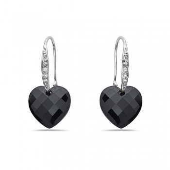 Sterling Silver Earring 13mm Black Cubic Zirconia Chess Cut Heart Shape Stone