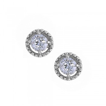 Sterling Silver Earring Stud 5mm Round Clear Cubic Zirconia Center with Clear Cubic Zirconia Aroun