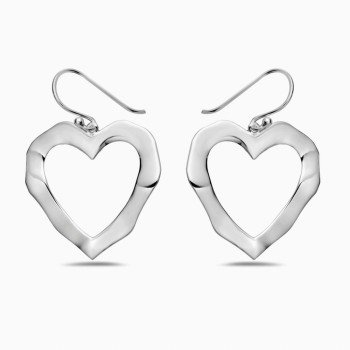 Sterling Silver Earring Open Heart Hammered French Wire Rhodium Plating