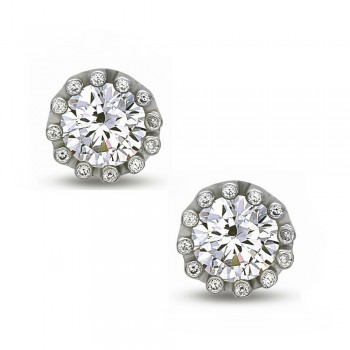 Sterling Silver Earring 10mm Clear Cubic Zirconia Stud 1mm Clear Cubic Zirconia Around