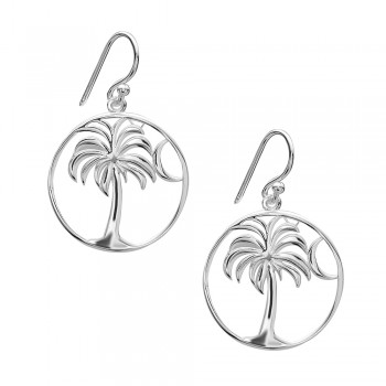 Sterling Silver Earring Plain Palm Tree & Moon in Open Circle