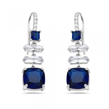 Sterling Silver EARRING SQUARE SAPPHIRE GLASS, 2 CLEAR CZ BAGUETTE