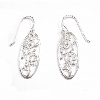 Sterling Silver Earring Dangle Oval Plant With Leaves