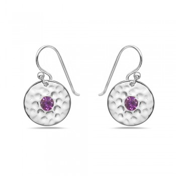 Sterling Silver Earring Round Hammer Center 1 Pc Of Amethyst Cubic Zirconia