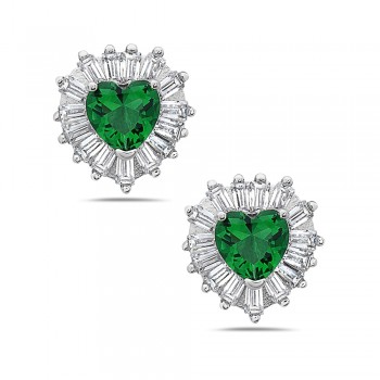 Sterling Silver EARRING BUTTON HEART EMERALD GLASS CLEAR CZ BAG