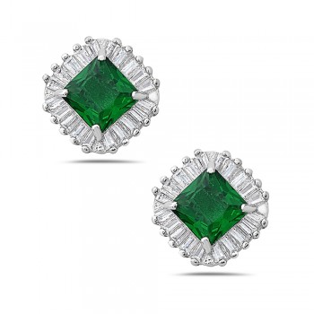 Sterling Silver EARRING BUTTON SQUARE EMERALD GLASS CLEAR CZ BA