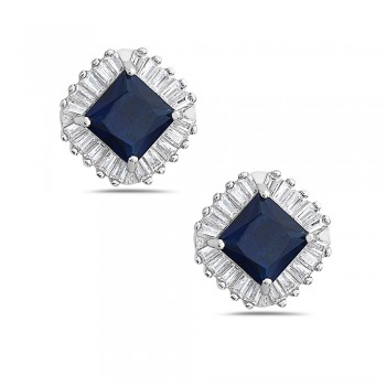 Sterling Silver EARRING BUTTON SQUARE SAPPHIRE GLASS CLEAR CZ B