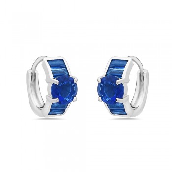 Sterling Silver EARRING HUGGIE ROUND SAPPHIRE GLASS CENTER BAGU