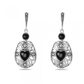 Sterling Silver EARRING DANGLE BLACK ONYX ROUND AND HEART