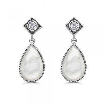 Sterling Silver Square Shaped Top Post Teardrop White Mother of Pearl Stone 2S-7406MCY