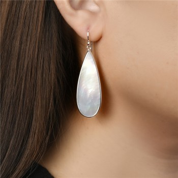 STERLING SILVER LONG OVAL SHAPE MOTHER OF PEARL DROP EARRING 2S-7407M