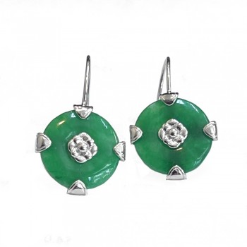Sterling Silver Earring Donut Shape Burmese Green Jade Flower C