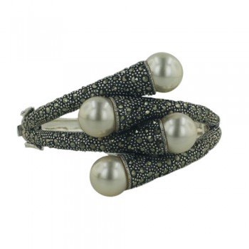 Marcasite Bangle Crossed Marcasite Bars with 4 Faux Pearls