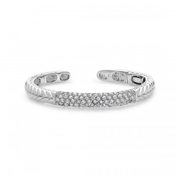 Sterling Silver Bangle Clear Cubic Zirconia+Plain Line Textured--Rhodium Plating/Nickle Free--