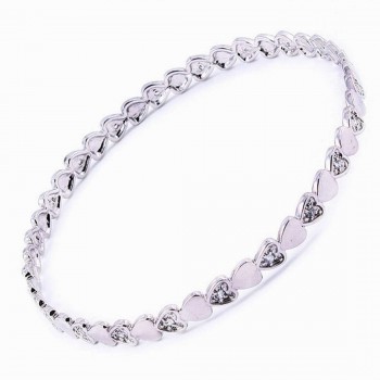 Sterling Silver Bangle 65mm Clear Cubic Zirconia+Plain Heart--Rhodium Plating/Nickle Free--