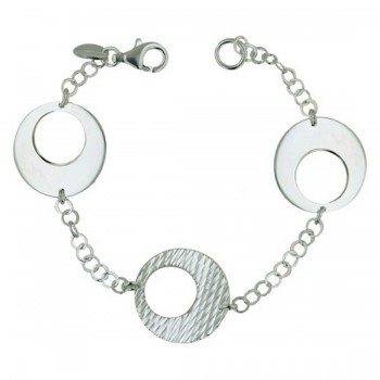 Sterling Silver Bracelet 7.5 Inch Silver+Textured Circle Links--Rhodium Plating