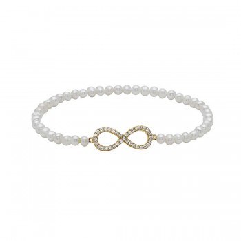 Sterling Silver Bracelet Clear Cubic Zirconia Gold Plate Infinity Fresh Water Pearl Stretch