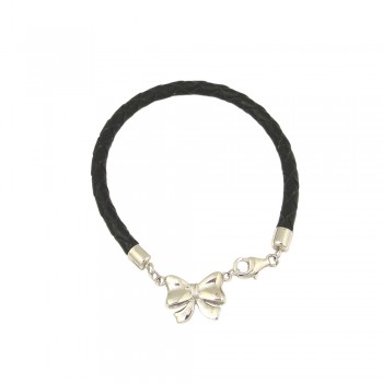 Sterling Silver Bracelet Plain Bow with Black Leather Braid