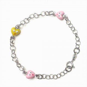 Sterling Silver Kids Bracelet Enamel Pink+Yellow Heart with Eyes Linked