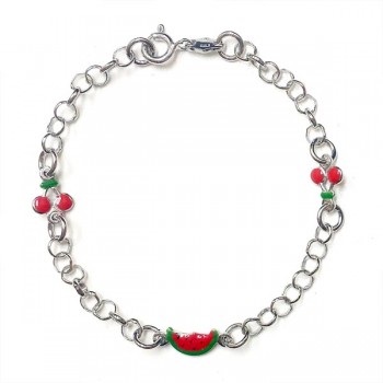 SS Kids Brlt Enamel Cherry+Watermelon Linked Chain, Silver