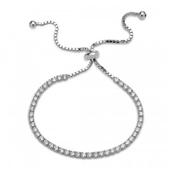 STERLING SILVER ROUND CLEAR CUBIC ZIRCONIA SQUARE SET ADJUSTABLE BRACELET
