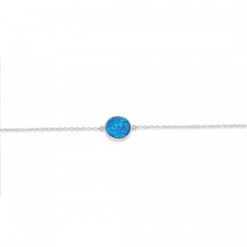 STERLING SILVER BRACELET ROUND SYNTHETIC BLUE OPAL CHARM