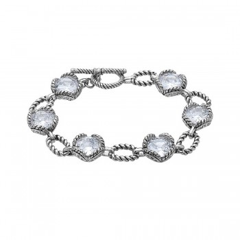 Sterling Silver Bracelet (6Pcs) 10mm Clear Cubic Zirconia+Oxidized 'O' Rope Links