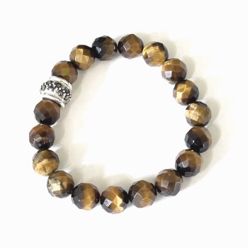 MS STRECHABLE BRACELET WITH MARCASITE CYLINDER TIGER'S EYE 10 MM BEADS