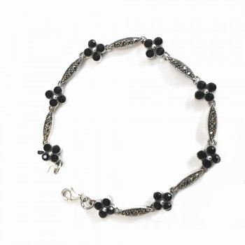 Sterling Silver BRACELET BLACK CZ FLOWERS CONNECTED BY
