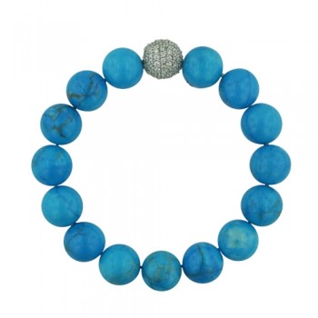 Sterling Silver Bracelet 12mm Genuine Magnesite stone in Turquoise Color Bead+Clear Cubic Zirconia Paved Ball
