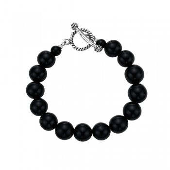Sterling Silver BRACELET 10 MM ONYX BEADS WITH OXIDIZED TOGGLE CLOSURE