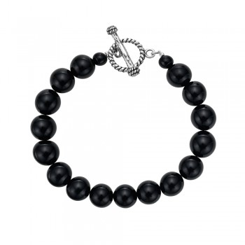 Sterling Silver BRACELET 10 MM ONYX BEADS WITH OXIDIZED TOGGLE CLOSURE