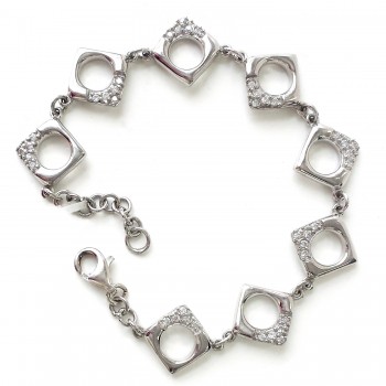 Sterling Silver Bracelet Open Circle Clear Cubic Zirconia Square Link
