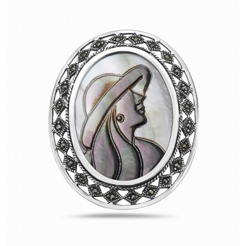 MARCASITE PIN+PDNT OVAL CAMEO MOTHER OF PEARL LADY WITH HAT