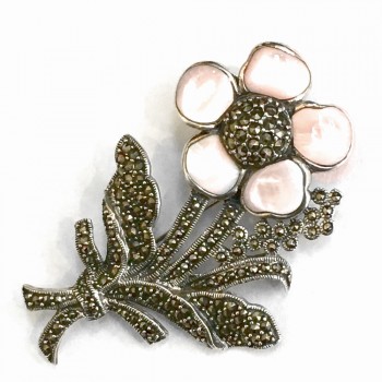 Marcasite Pin Pink Mother of Pearl Flower Bouquet