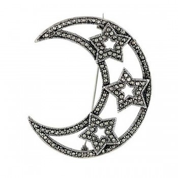 Marcasite Pin Moon Shape with 3 Open Star