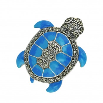 Marcasite Pin Turquoise Enamel Turtle