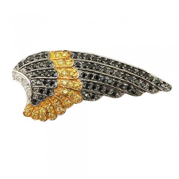 Sterling Silver Pin Yellow+Black Cubic Zirconia Bird'S Wing