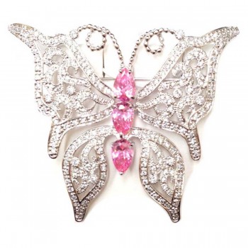 Sterling Silver Pin 3 Pink Cubic Zirconia Tear Drop Ctr with Lv Cubic Zirconia Butterfly