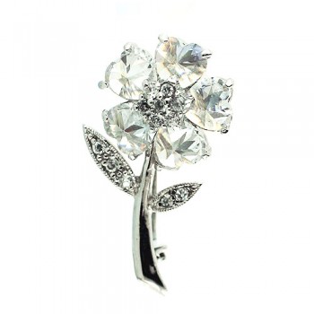 Sterling Silver Pin Clear Cubic Zirconia Heart Petals Flower with Clear Cubic Zirconia Leaf