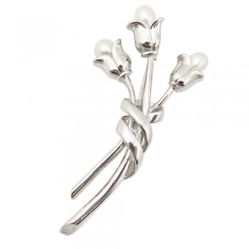 Sterling Silver Pin 3 White Fresh Water Pearl Tulip with Plain Silver Ribbon