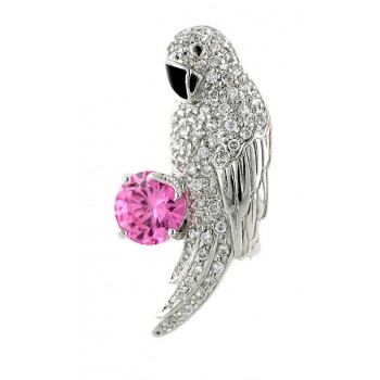 Sterling Silver Pin Cubic Zirconia Pave Parrot with Jet Cubic Zirconia Eye, Black Beak, Rou
