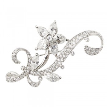 Sterling Silver Pin 5 Clear Cubic Zirconia Petals Flower+ Clear Cubic Zirconia Marquis+Ribbon