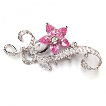 Sterling Silver Pin 5 Pink Cubic Zirconia Petals Flower+ Clear Cubic Zirconia Marquis+Ribbon