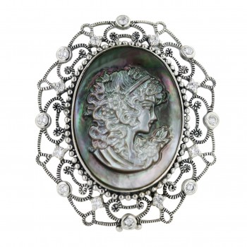 Sterling Silver Pin 62X52mm Oval Victorian Black Mother of Pearl Cameo with Clear C