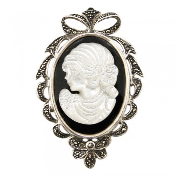 MARCASITE PIN+PENDANT MOTHER OF PEARL CAMEO ON ONYX OVAL